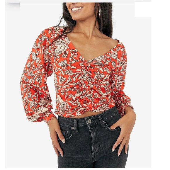 Free People Tops - Free People Red Printed Say The Word Long Sleeve Ruched Top NWT